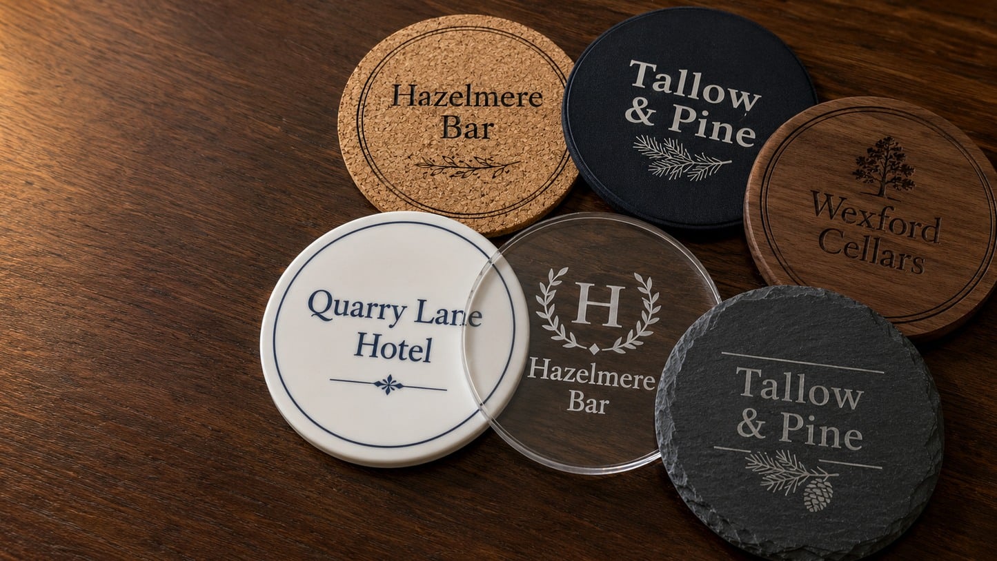 Custom-printed and engraved coasters arranged on a dark bar top